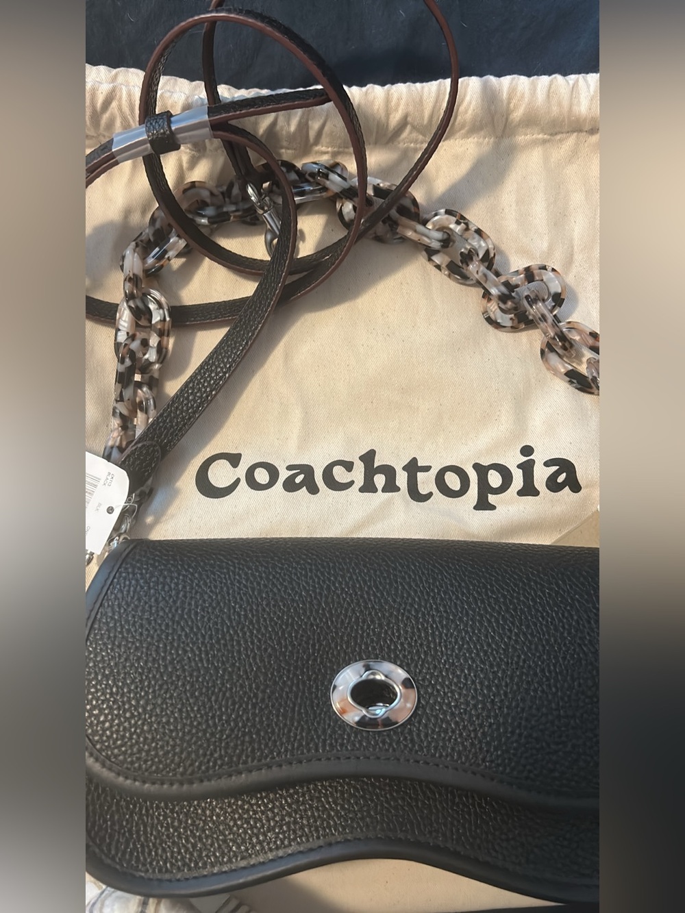 Coachtopia Black Pebbled Leather Crossbody with Tortoiseshell Chain